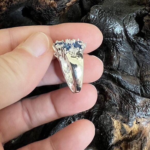 Large Statement Floral Cluster Ring Size 6 Blue Clear Silver Tone Prong Set - Picture 12 of 13